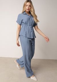 Born2be - Niebieski Wiskozowy Komplet Spodnie i Bluzka Koszulowa z Wiązaniem w Talii Irinryss. Kolor: niebieski. Materiał: wiskoza #5