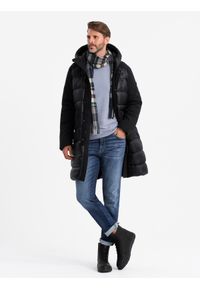 Ombre Clothing - Długa pikowana męska kurtka z dużymi kieszeniami – czarna V1 - Rozmiar: XXL. Typ kołnierza: kaptur. Kolor: czarny. Materiał: tkanina, poliester, materiał, syntetyk, nylon. Długość: długie. Wzór: gładki, aplikacja #3