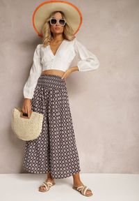 Renee - Granatowo-Beżowe Szerokie Spodnie Kuloty z Gumką w Pasie Zaphelia. Okazja: na co dzień, do pracy. Stan: podwyższony. Kolor: niebieski. Materiał: materiał. Styl: elegancki, casual #4