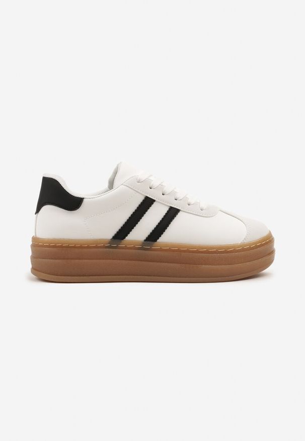 Renee - Białe Sneakersy na Tłoczonej Platformie Ozdobione Paskami Felainora. Okazja: na spacer, na co dzień. Zapięcie: pasek. Kolor: biały. Wzór: aplikacja. Obcas: na platformie. Sport: turystyka piesza