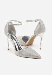 Born2be - Srebrne Szpilki z Paskiem wokół Kostki i Cyrkoniowym Zdobieniem Anwedela. Okazja: do pracy, na spotkanie biznesowe. Zapięcie: pasek. Kolor: srebrny. Materiał: satyna. Wzór: aplikacja. Obcas: na szpilce. Styl: klasyczny, biznesowy #5