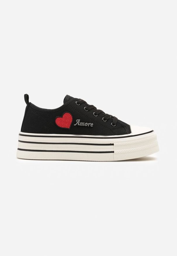 Born2be - Czarne Trampki na Platformie z Ozdobnym Napisem i Aplikacją Efena. Okazja: na co dzień. Kolor: czarny. Materiał: jeans. Wzór: napisy, aplikacja. Obcas: na platformie. Styl: elegancki, casual