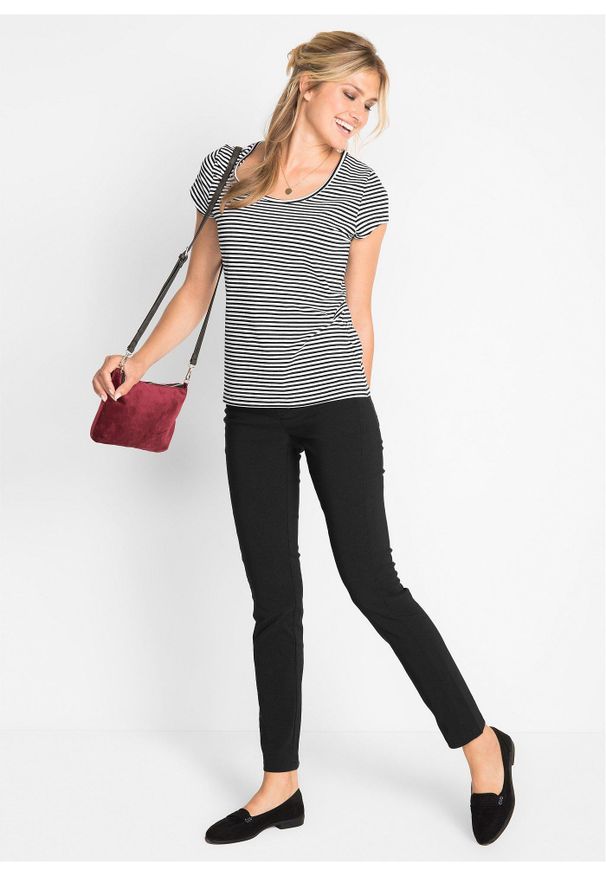 bonprix - Spodnie z bengaliny ze stretchem, straight. Stan: obniżony. Kolor: czarny. Materiał: skóra, wiskoza, poliester, materiał, włókno