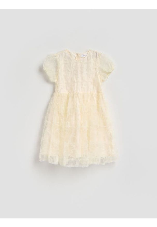 Reserved - Tiulowa sukienka z haftem - kremowy. Kolor: kremowy. Materiał: tiul. Wzór: haft