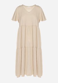 Born2be - Jasnobeżowa Wiskozowa Sukienka Rozkloszowana z Dekoltem V Natilenia. Okazja: na co dzień. Kolor: beżowy. Materiał: wiskoza. Styl: klasyczny, casual, elegancki #4