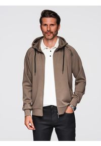 Ombre Clothing - Męska bluza rozpinana ze stójką i kapturem – szarobrązowa V3 - Rozmiar: L. Okazja: na co dzień. Typ kołnierza: kołnierzyk stójkowy. Kolor: brązowy. Materiał: poliester, materiał, dzianina, elastan, wiskoza. Długość rękawa: raglanowy rękaw. Wzór: gładki, nadruk. Styl: casual, sportowy