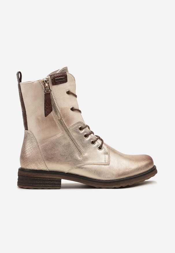 Born2be - Złote Botki Workery ze Sznurowaniem i Zapięciem na Suwak Vemida. Okazja: na co dzień. Zapięcie: sznurówki. Kolor: złoty. Materiał: jeans. Obcas: na obcasie. Styl: klasyczny, casual, elegancki. Wysokość obcasa: niski