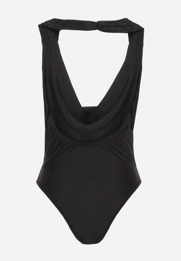 Born2be - Czarne Cyrkoniowe Body z Lejącym Dekoltem Milenira. Okazja: na co dzień. Kolor: czarny. Materiał: jeans. Długość rękawa: bez rękawów. Wzór: aplikacja. Styl: casual