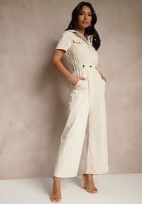 Renee - Beżowy Kombinezon Wide Leg z Kołnierzykiem Suwakiem i Krótkim Rękawem Jenaralitia. Okazja: na co dzień. Kolor: beżowy. Długość rękawa: krótki rękaw. Długość: krótkie. Styl: elegancki, casual