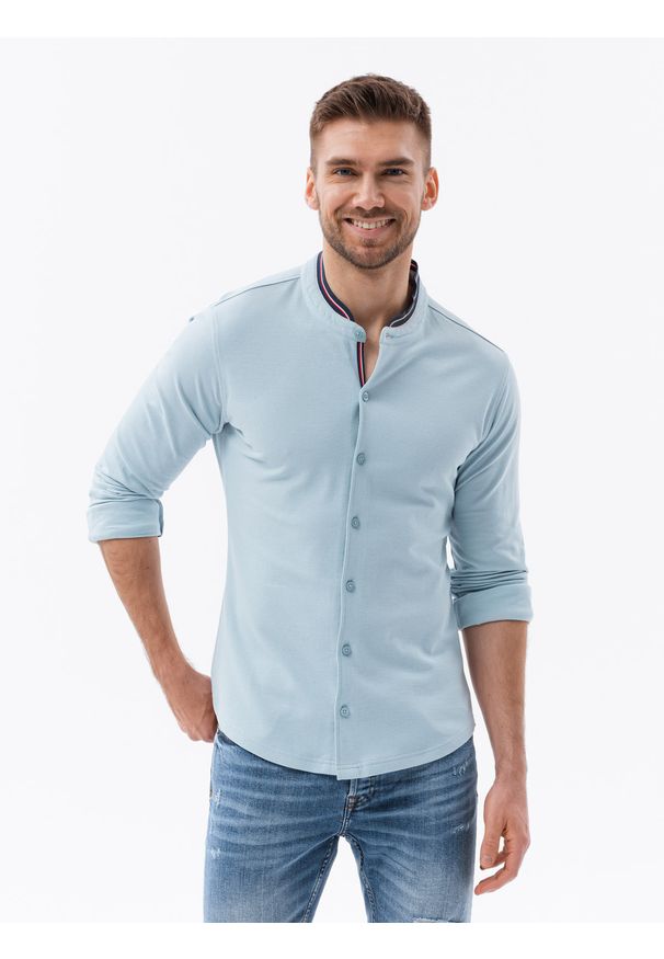 Ombre Clothing - Koszula męska dzianinowa z długim rękawem - błękitna V3 - Rozmiar: XXL. Typ kołnierza: kołnierzyk stójkowy. Kolor: niebieski. Materiał: dzianina. Długość rękawa: długi rękaw. Długość: długie. Wzór: kolorowy