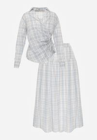 Renee - Niebieski Bawełniany Komplet Rozkloszowana Spódnica i Bluzka z Wiązaniem Allisa. Kolor: niebieski. Materiał: bawełna. Wzór: kratka #3