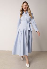 Born2be - Niebieska Koszulowa Sukienka z Bawełną i Wiskozą Ozdobiona Paskiem Viviedah. Okazja: na co dzień. Kolor: niebieski. Materiał: wiskoza, bawełna. Wzór: aplikacja. Typ sukienki: koszulowe. Styl: casual #7