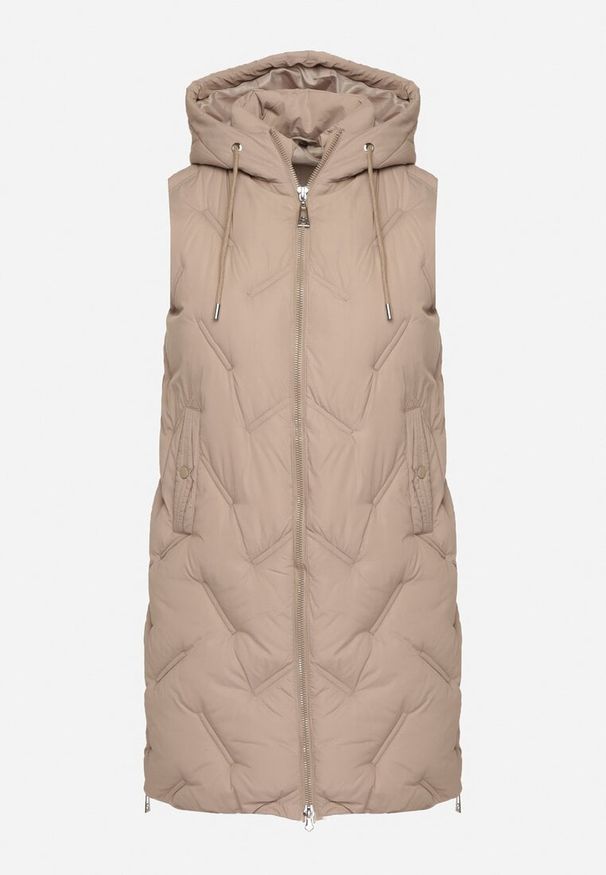 Born2be - Jasnobeżowa Pikowana Kamizelka z Kapturem i Kieszeniami Esarivie. Okazja: na spacer. Typ kołnierza: kaptur. Kolekcja: plus size. Kolor: beżowy. Materiał: jeans