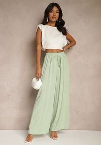 Renee - Jasnozielone Szerokie Spodnie High Waist z Gumką w Talii Ilnena. Okazja: na co dzień, na spotkanie biznesowe, na spacer. Stan: podwyższony. Kolor: zielony. Materiał: materiał, wiskoza. Sezon: lato. Styl: biznesowy, elegancki, casual #5