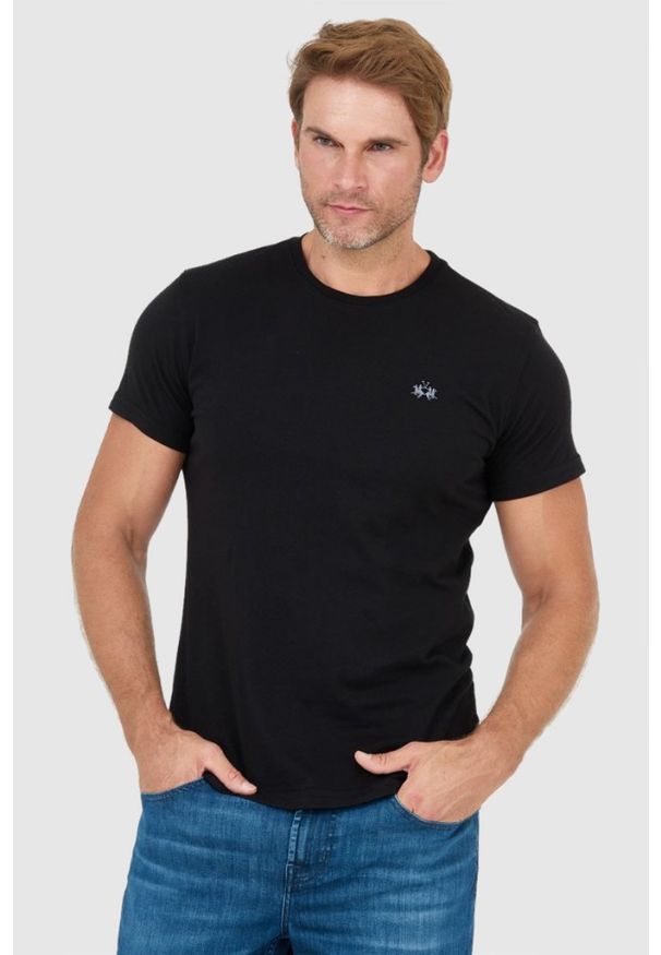 La Martina - LA MARTINA Czarny t-shirt męski z wyszywanym logo, Rozmiar XL. Kolor: czarny. Materiał: jersey