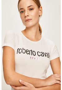 ROBERTO CAVALLI SPORT - Roberto Cavalli Sport - T-shirt. Kolor: biały. Materiał: dzianina. Wzór: nadruk. Styl: sportowy #1