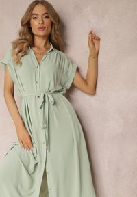Renee - Jasnozielona Koszulowa Sukienka z Krótkimi Rękawami i Wiązanym Paskiem Denalia. Kolor: zielony. Długość rękawa: krótki rękaw. Typ sukienki: koszulowe #3