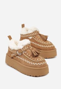 Renee - Brązowe Śniegowce na Platformie Ozdobione Haftem i Frędzlami Linomis. Okazja: na co dzień. Kolor: brązowy. Materiał: skóra, jeans. Wzór: haft, aplikacja. Sezon: zima. Obcas: na platformie. Styl: casual, elegancki #3