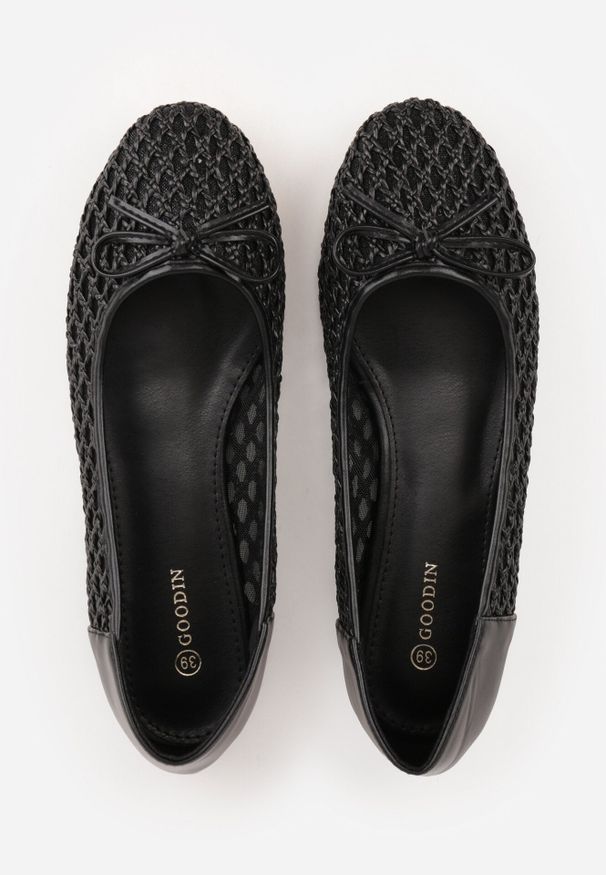 Born2be - Czarne Siateczkowe Balerinki z Plecioną Cholewką z Kokardką Lilinrelle. Okazja: na co dzień. Kolor: czarny. Materiał: jeans. Szerokość cholewki: normalna. Styl: casual, klasyczny, elegancki