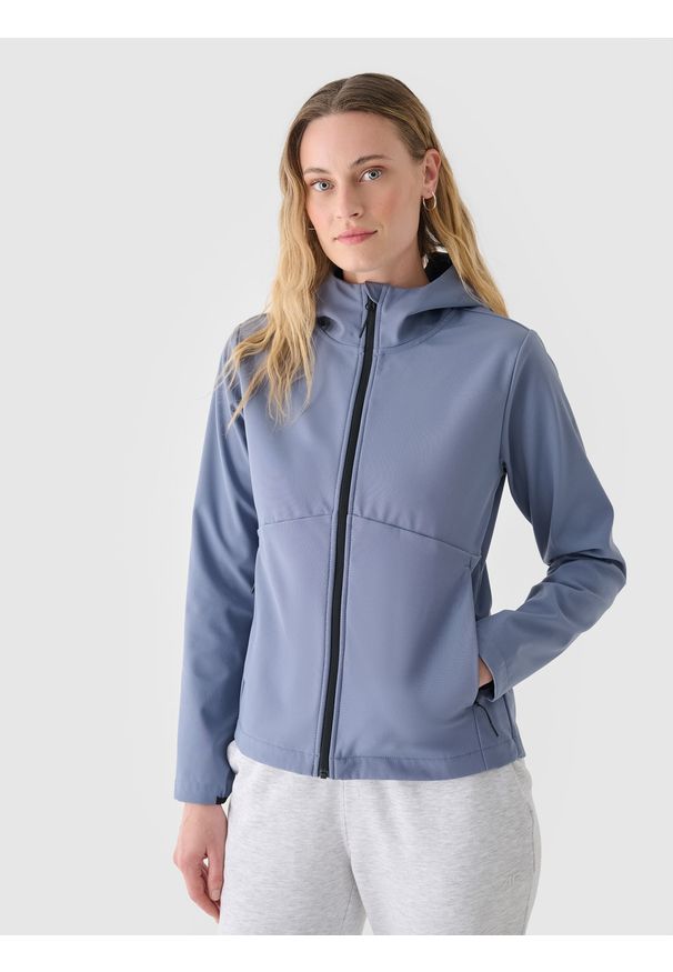 4f - 4F Kurtka softshell wiatroodporna membrana 5000 damska - granatowa M. Typ kołnierza: kołnierzyk stójkowy, kaptur. Kolor: niebieski. Materiał: softshell. Technologia: Windstopper. Sezon: zima. Sport: wspinaczka