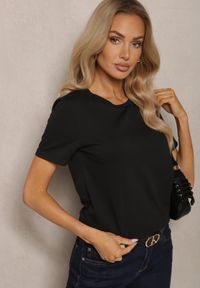 Renee - Czarny T-shirt Koszulka z Krótkim Rękawem i Okrągłym Dekoltem Tiarella. Kolor: czarny. Materiał: jeans. Długość rękawa: krótki rękaw. Długość: krótkie. Wzór: aplikacja. Styl: elegancki, klasyczny