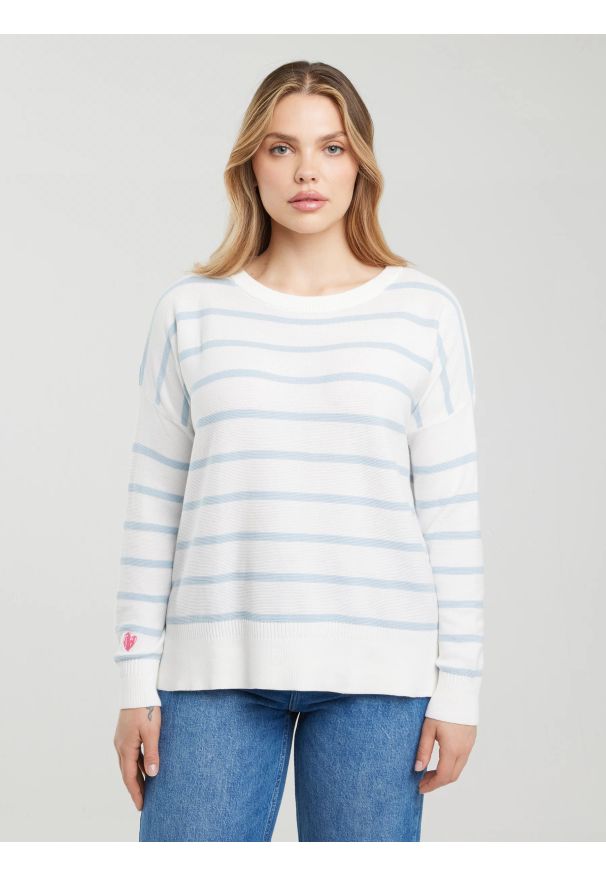 Big-Star - Sweter damski bawełniany błękitny Heartelia 400. Okazja: na co dzień. Kolor: niebieski. Materiał: bawełna. Wzór: paski, haft, ze splotem. Styl: klasyczny, casual