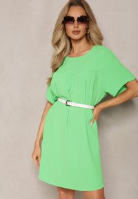 Renee - Jasnozielona Trapezowa Sukienka Mini z Krótkim Rękawem Abragala. Kolor: zielony. Długość rękawa: krótki rękaw. Typ sukienki: trapezowe. Długość: mini