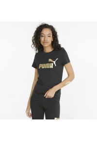 Puma - Damska koszulka z metalicznym logo Essentials+ PUMA Black Gold Foil. Kolor: żółty, wielokolorowy, czarny. Wzór: nadruk