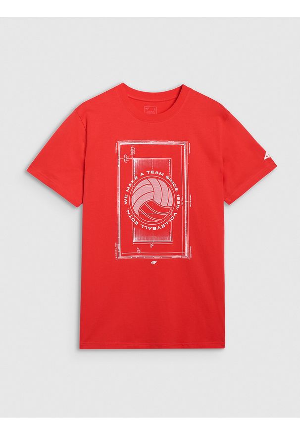 4f - 4F T-shirt regular z nadrukiem męski - czerwony XXL. Okazja: na co dzień. Kolor: czerwony. Materiał: bawełna, jersey, materiał. Długość rękawa: krótki rękaw. Długość: krótkie. Wzór: nadruk. Styl: sportowy, klasyczny, casual