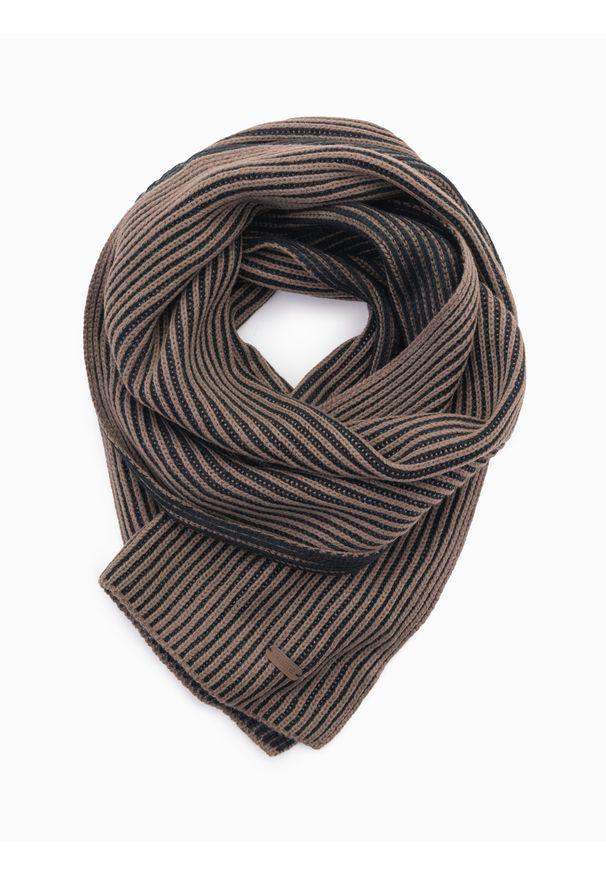 Ombre Clothing - Męski dzianinowy szalik w dwukolorowe prążki – brązowo-czarny V3. Kolor: czarny. Materiał: dzianina. Wzór: prążki