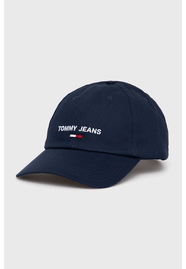 Tommy Jeans czapka bawełniana AM0AM08492.PPYY kolor granatowy z aplikacją. Kolor: niebieski. Materiał: bawełna. Wzór: aplikacja