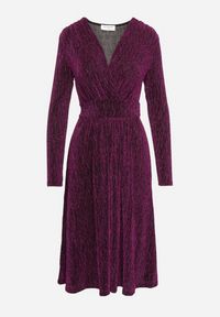 Born2be - Fioletowa Taliowana Sukienka z Wiskozą o Rozkloszowanym Kroju Zdobiona Metaliczną Nicią Mesinae. Okazja: do pracy, na spotkanie biznesowe. Typ kołnierza: dekolt w kształcie V. Kolor: fioletowy. Materiał: wiskoza. Długość rękawa: długi rękaw. Wzór: aplikacja. Typ sukienki: rozkloszowane. Styl: glamour, biznesowy, wizytowy, elegancki #2