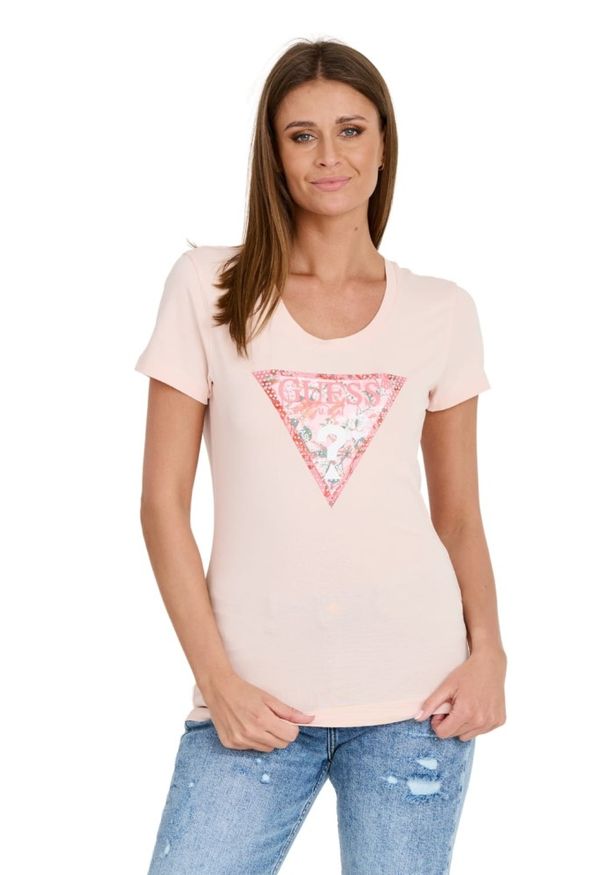 Guess - GUESS Różowy damski t-shirt Satin Triangle Tee, Rozmiar S. Kolor: różowy