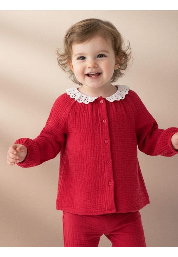 Sinsay - Bluzka koszulowa z haftowanym kołnierzykiem - czerwony. Kolor: czerwony. Wzór: haft