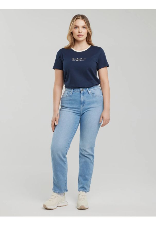 Big-Star - Koszulka damska z kontrastowym wykoŅczeniem granatowa Bessa 403. Kolor: niebieski. Materiał: dzianina, jeans. Wzór: nadruk. Styl: retro, sportowy, klasyczny