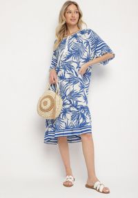 Born2be - Niebieska Sukienka o Pudełkowym Kroju z Wiązaniem przy Dekolcie w Roślinny Wzór Mirionela. Kolor: niebieski. Długość rękawa: krótki rękaw #6
