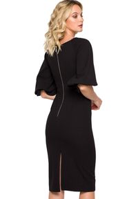 Makover - Elegancka sukienka ołówkowa z dekoltem V i bufiastymi rękawami czarna. Okazja: na randkę. Kolor: czarny. Typ sukienki: ołówkowe. Styl: elegancki