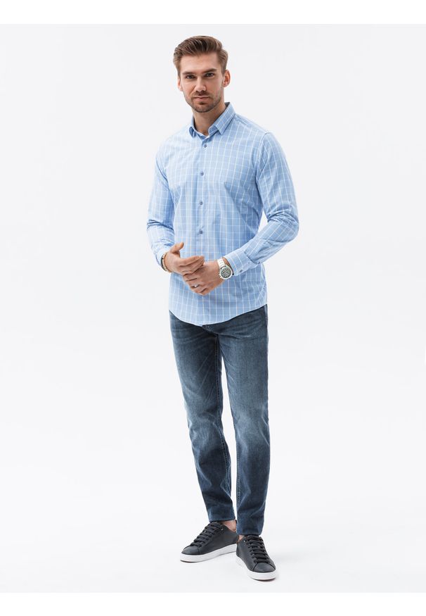Ombre Clothing - Koszula męska z długim rękawem REGULAR FIT - błękitna K618 - XXL. Okazja: na co dzień. Kolor: niebieski. Materiał: poliester, bawełna. Długość rękawa: długi rękaw. Długość: długie. Styl: casual