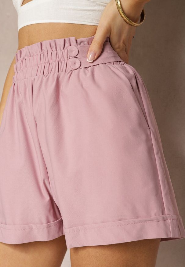 Renee - Ciemnoróżowe Szorty High Waist z Gumką w Pasie Kerpia. Okazja: na co dzień. Stan: podwyższony. Kolor: różowy. Materiał: bawełna. Styl: casual, elegancki