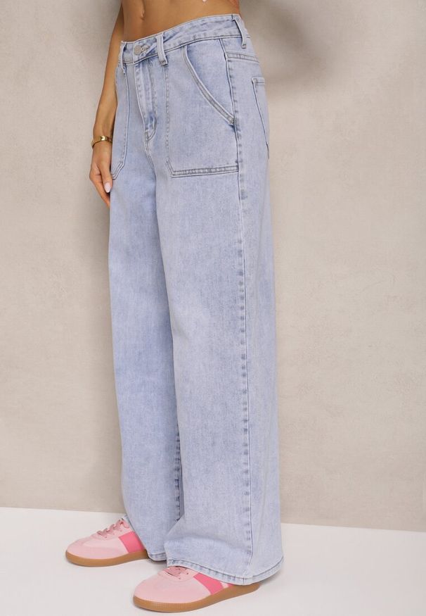 Renee - Niebieskie Szerokie Jeansy High Waist z Naszytymi Kieszeniami Zalittie. Okazja: na co dzień, na randkę. Stan: podwyższony. Kolor: niebieski. Wzór: aplikacja. Styl: klasyczny, elegancki, casual