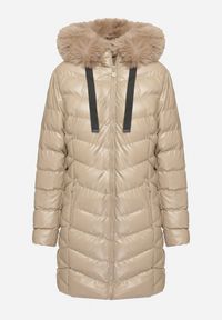 Born2be - Beżowa Długa Pikowana Kurtka z Odpinanym Futerkiem i Sznurkami Rinnarae. Okazja: na co dzień, na spacer. Typ kołnierza: kaptur. Kolor: beżowy. Materiał: futro. Długość: długie. Styl: casual, elegancki #4
