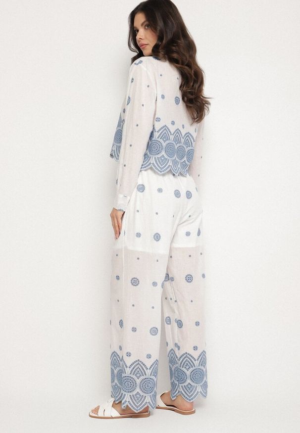 Born2be - Biały Bawełniany Komplet z Haftowanym Zdobieniem Koszula i Spodnie Saviovelle. Kolor: biały. Materiał: bawełna. Wzór: aplikacja, haft