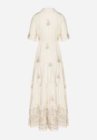 Born2be - Beżowa Wiskozowa Sukienka Boho o Rozkloszowanym Kroju z Haftem i Wiązaniem Lilvanis. Okazja: na co dzień. Typ kołnierza: dekolt w serek. Kolor: beżowy. Materiał: wiskoza. Długość rękawa: krótki rękaw. Wzór: haft. Styl: boho