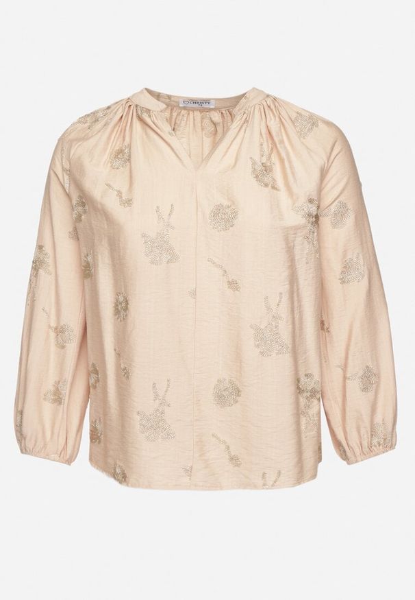 Born2be - Beżowa Bluzka z Dekoltem w Serek i Haftowanymi Zdobieniami z Metaliczną Nicią Sovbia. Typ kołnierza: dekolt w serek. Kolekcja: plus size. Kolor: beżowy. Materiał: jeans. Długość rękawa: długi rękaw. Długość: długie. Wzór: haft, aplikacja