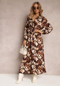 Renee - Brązowa Sukienka Maxi w Kwiaty z Kopertową Górą i Paskiem Samahine. Kolor: brązowy. Wzór: kwiaty. Typ sukienki: kopertowe. Długość: maxi