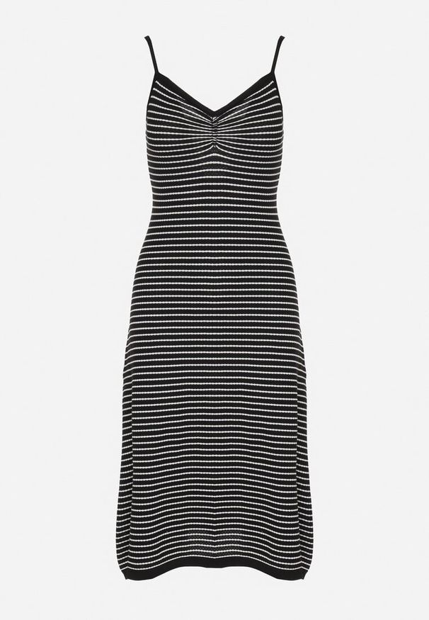 Born2be - Czarno-Biała Sukienka na Regulowanych Ramiączkach z Marszczonym Dekoltem w Paski Fialea. Okazja: na co dzień, na randkę. Typ kołnierza: dekolt w serek. Kolor: czarny. Długość rękawa: na ramiączkach. Wzór: paski. Styl: klasyczny, casual, elegancki