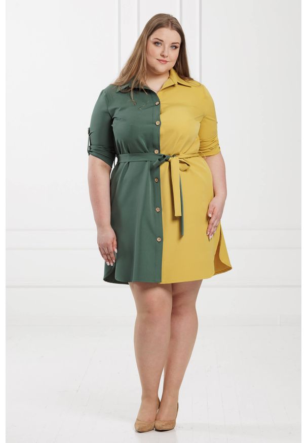 Moda Size Plus Iwanek - Wyjątkowa dwukolorowa sukienka Cindy oliwkowo-żółta rękaw 3/4PLUS SIZE. Okazja: na co dzień, na spacer. Kolekcja: plus size. Kolor: wielokolorowy, żółty, oliwkowy. Materiał: tkanina, elastan, poliester. Typ sukienki: dla puszystych. Styl: casual, elegancki