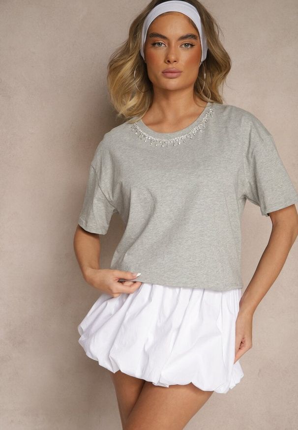 Renee - Szary T-shirt z Bawełny z Cyrkoniami Fadeola. Okazja: na co dzień. Kolor: szary. Materiał: bawełna. Styl: klasyczny, elegancki, casual