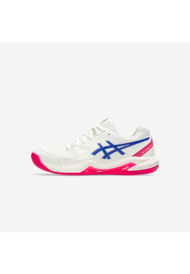 Buty tenisowe damskie Asics Gel Dedicate 8 na nawierzchnię dywanową. Kolor: różowy, biały, niebieski, wielokolorowy. Materiał: syntetyk, skóra. Szerokość cholewki: normalna. Sport: tenis