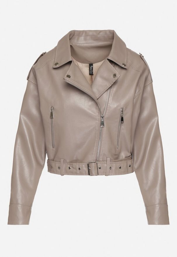 Born2be - Ciemnobeżowa Kurtka Ramoneska z Klamrami Sesariah. Okazja: na co dzień. Kolor: beżowy. Materiał: jeans. Długość rękawa: krótki rękaw. Długość: krótkie. Sezon: wiosna. Styl: casual, elegancki, rockowy